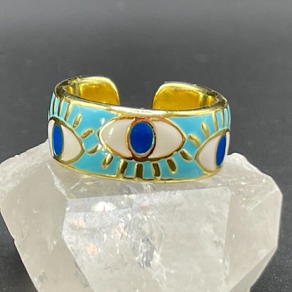 Evil Eye Enamel and Copper Adjustable Ring #1209 LT BLUE - Picture 13 of 16
